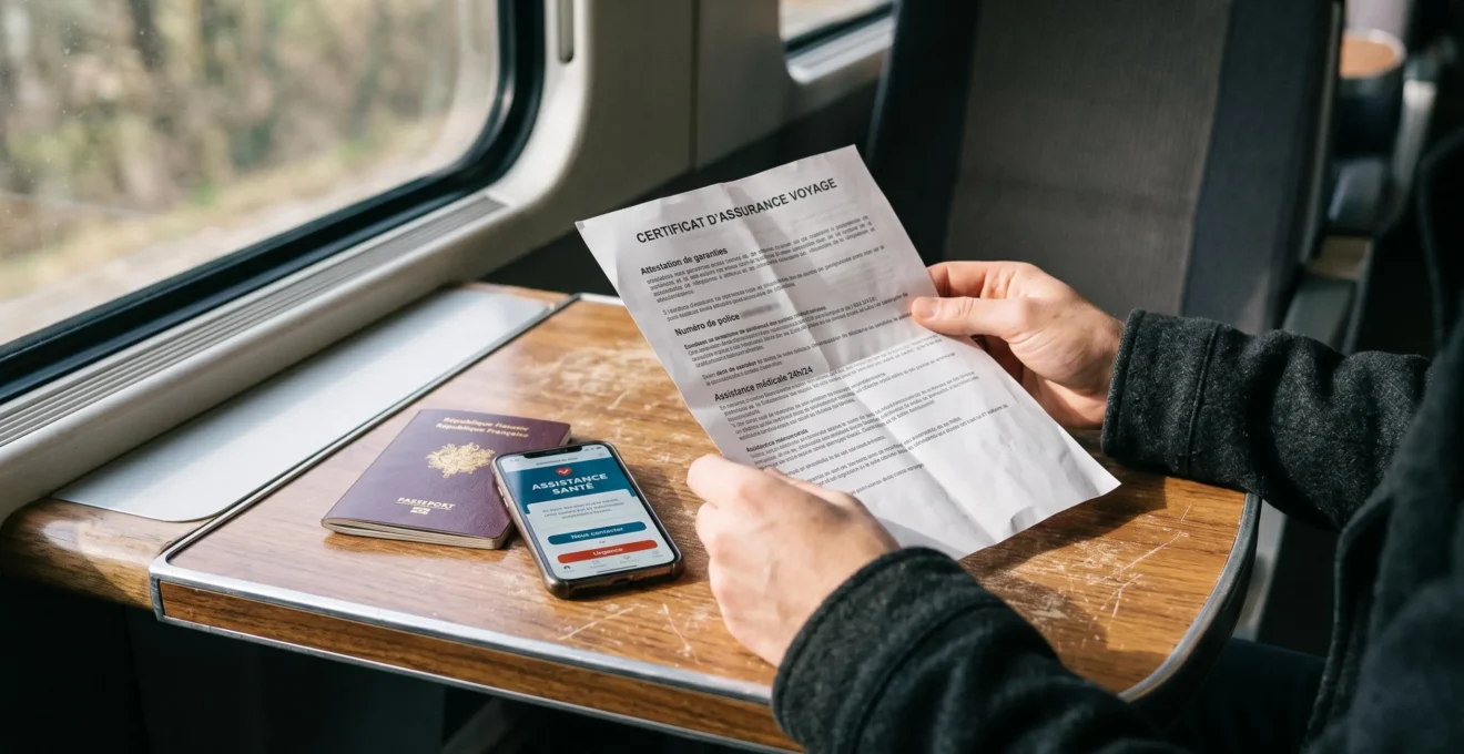 Des mains examinent une attestation d'assurance voyage et un passeport dans un train.