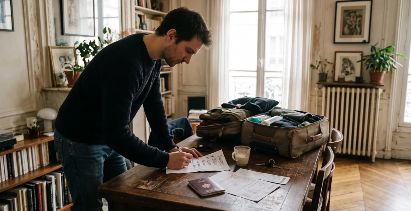 Un voyageur vérifie une checklist et ses documents avant de partir en voyage.