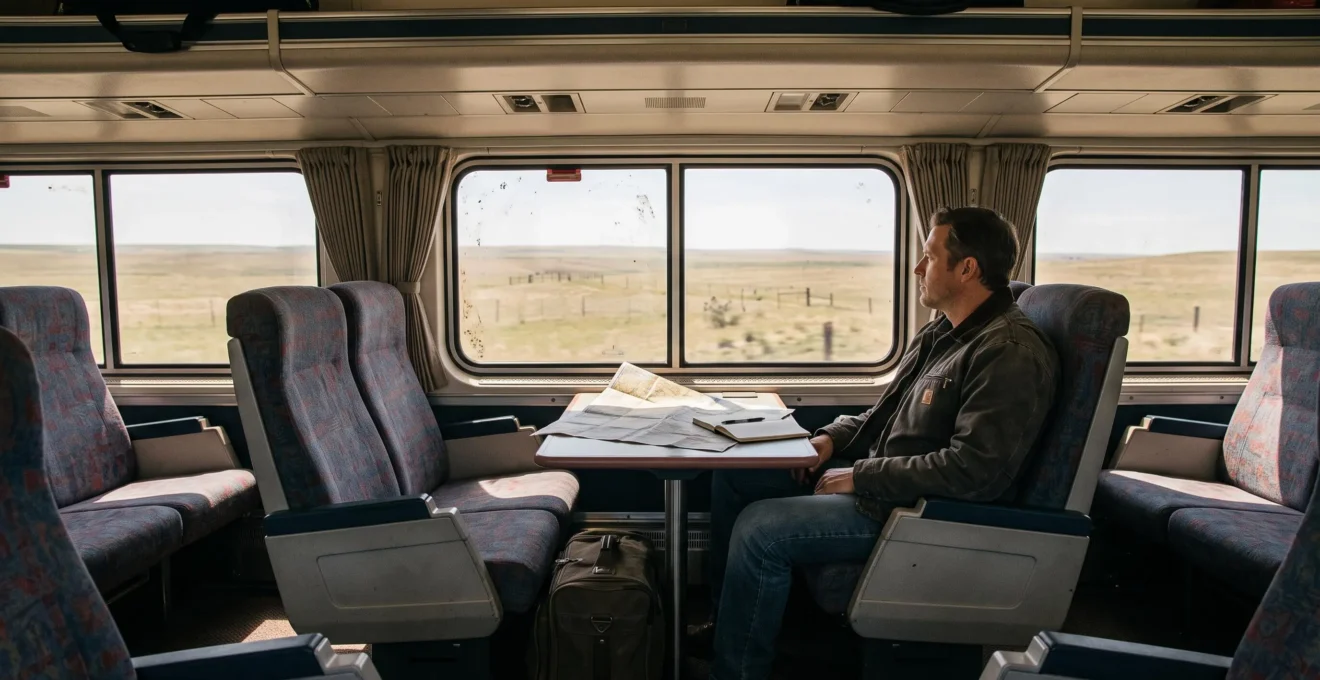Un voyageur regarde le paysage depuis un train longue distance traversant les États-Unis.